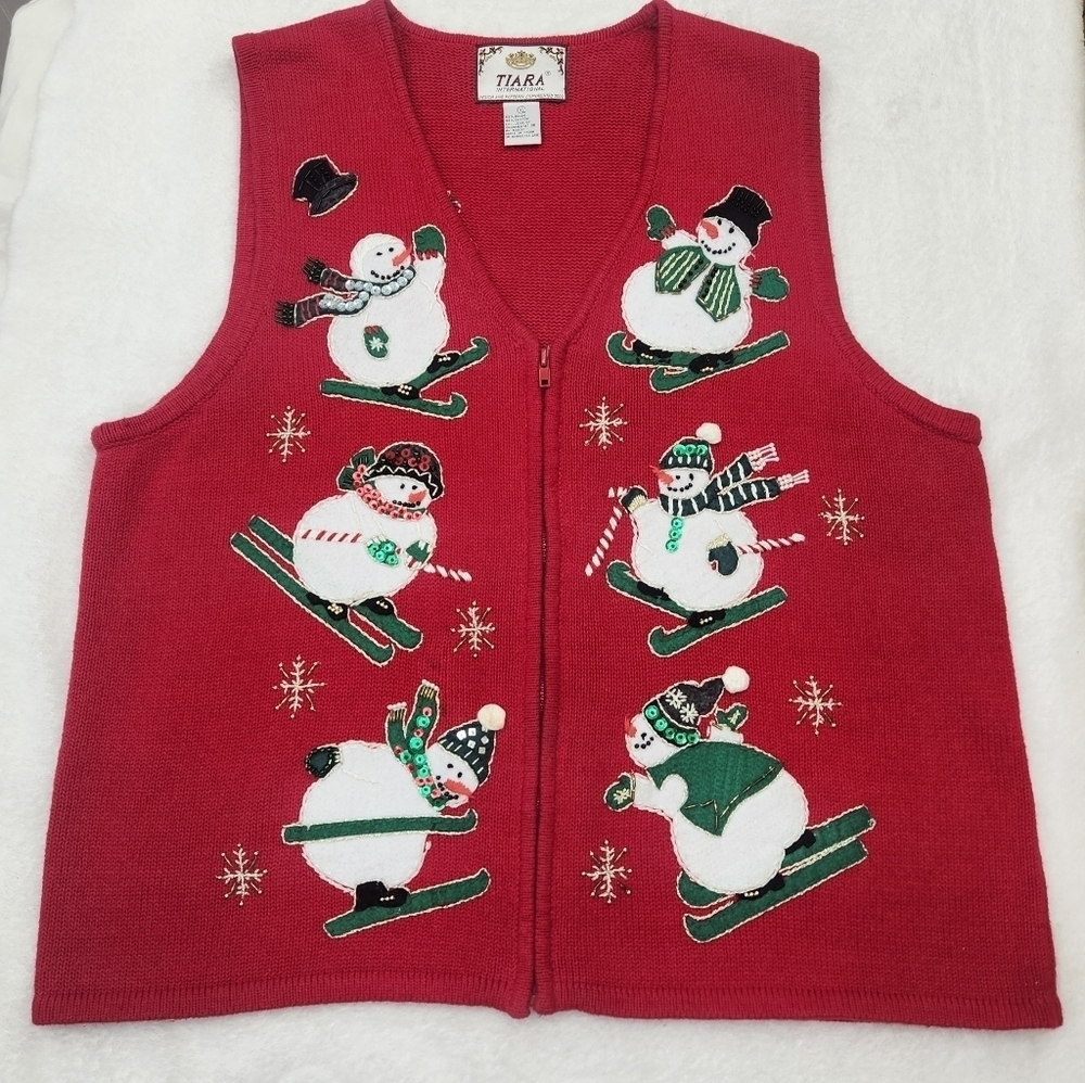Vintage 2002 Tiara International Christmas Embroidered Red Snowman Sweater Vest